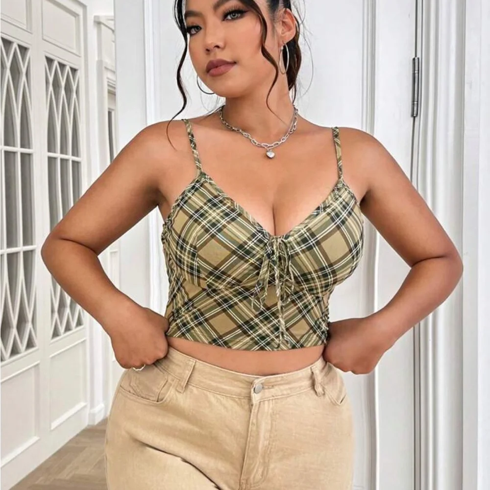 Plaid print knot front mesh cami top - Picture 7 of 11